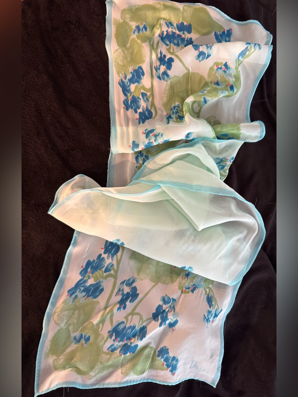 Vintage Vera Neumann Water Color Style, Blue Flowers & Green Leaves Silk Scarc